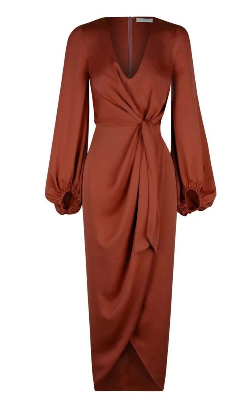 Shona Joy Tie Front Balloon Sleeve Midi Dress Burgundy Size 8 AU Size 4 US